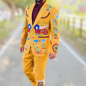 The Western Trailblazer Suit – Mustard with Cowboy & Cactus Embroidery by Fule Fashion House