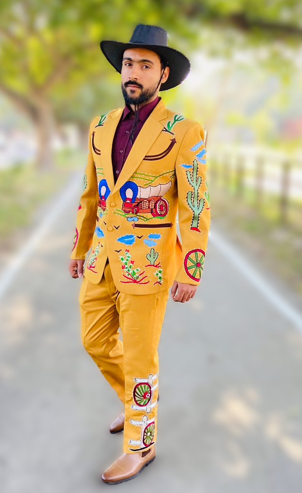 The Western Trailblazer Suit – Mustard with Cowboy & Cactus Embroidery by Fule Fashion House