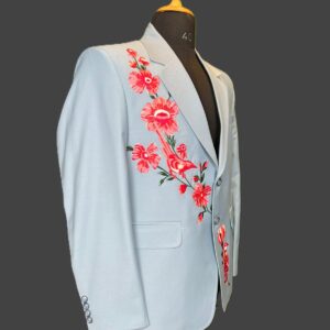 The Blooming Elegance Suit – Sky Blue with Red Floral Embroidery by Fule Fashion House