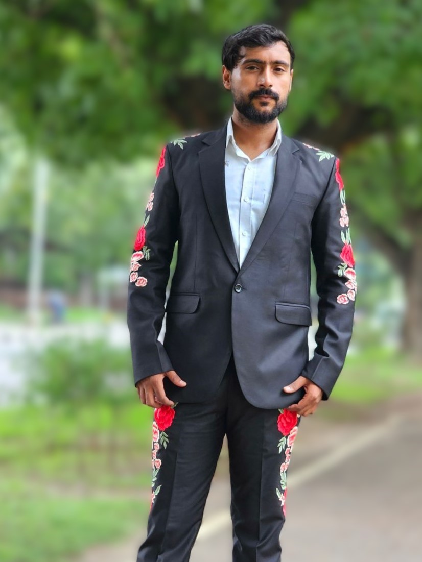 The Midnight Rose Suit – Black with Red Floral Embroidery